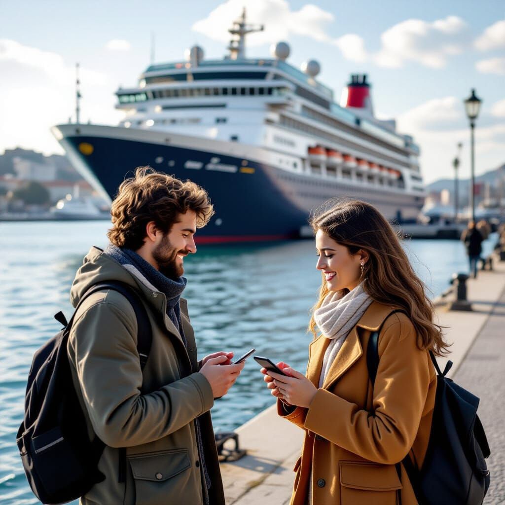 Young Couple Exchanging Numbers at Port in Photorealistic St...