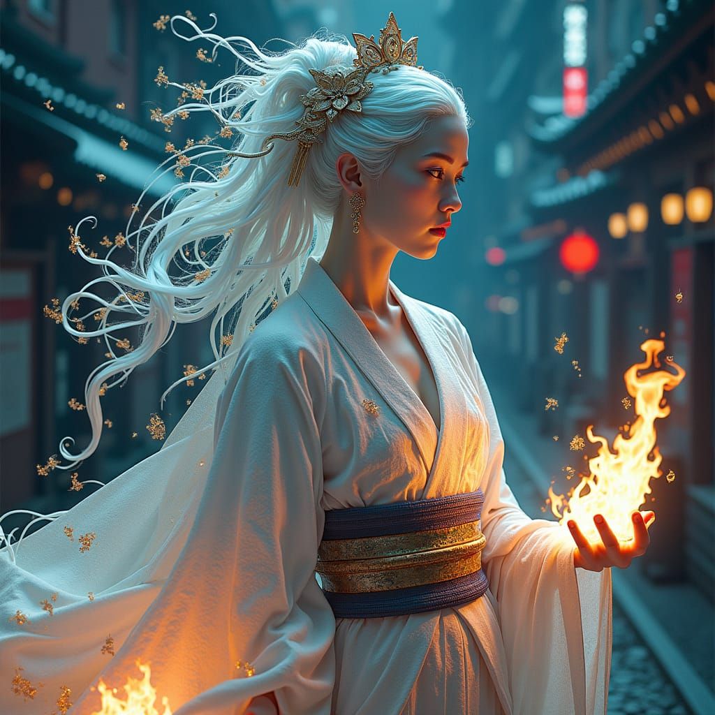 Goddess of Ice and Fire in Ukiyo-e Style