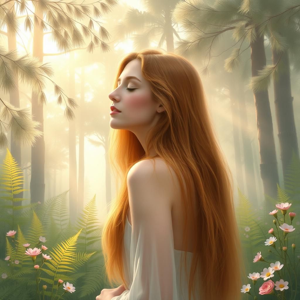 Ethereal Woman in Forest, Impressionistic Style