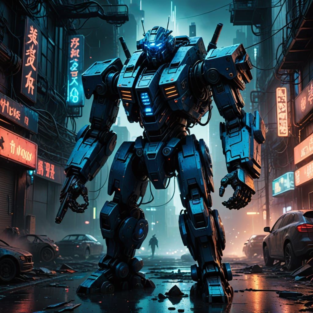 Gritty Cyberpunk Battle-Mecha in Neon-Lit Ruins