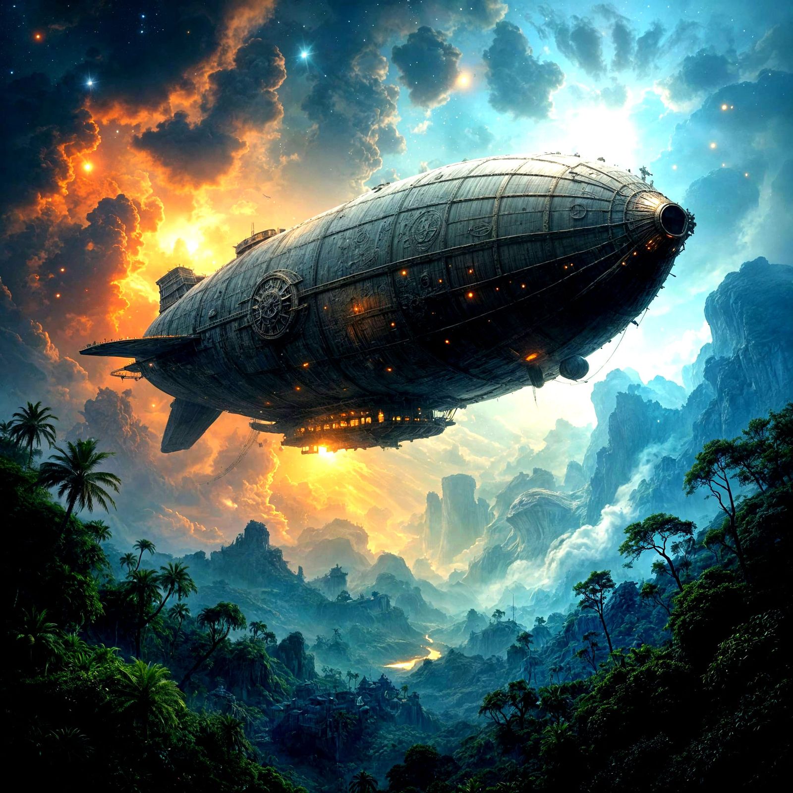 Ancient Airship Drifts Through Cosmic Nebula Over Alien Jung...