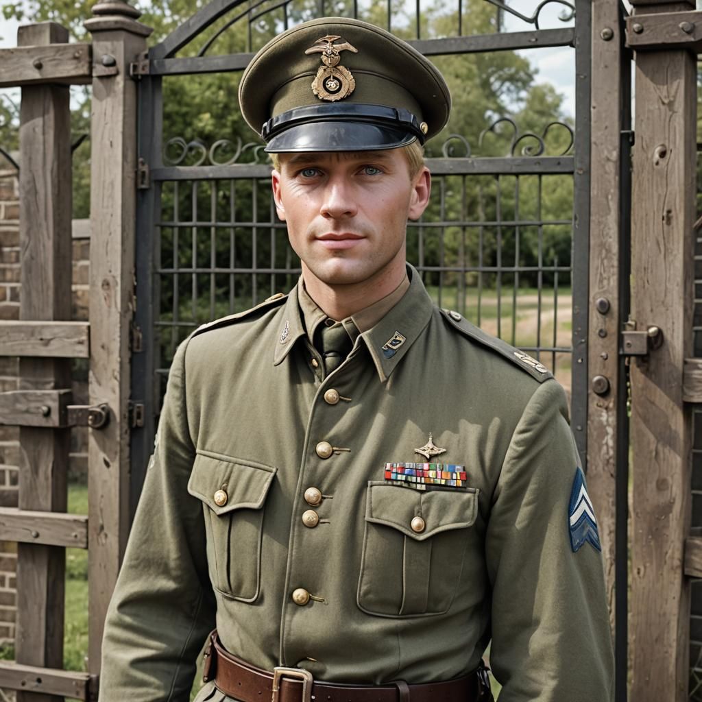 Man in 1930s Uniform Smirking at Gate