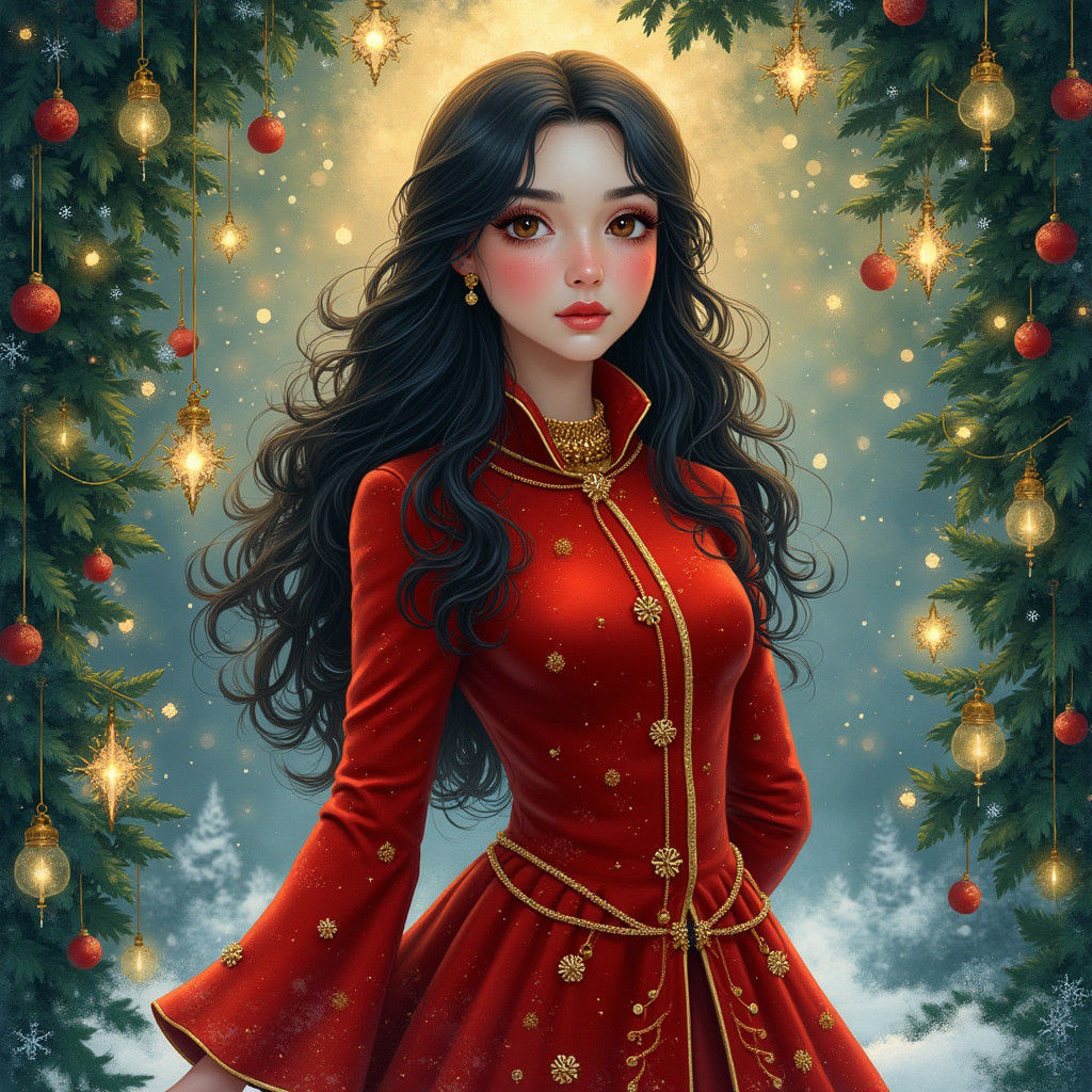 Festive Woman in Christmas Wonderland, Digital Art