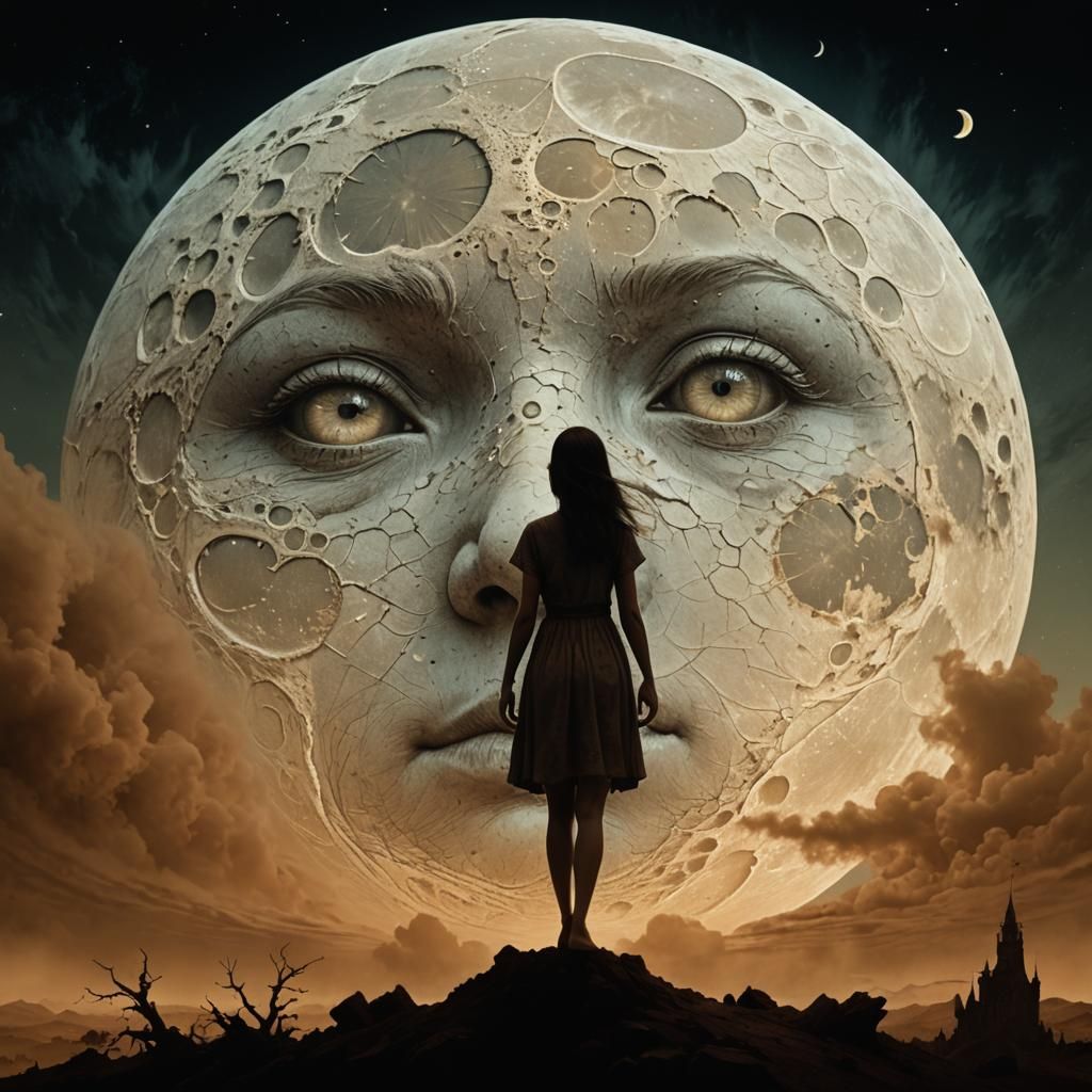 Girl Before Giant Moon: Surreal Digital Art in Sepia