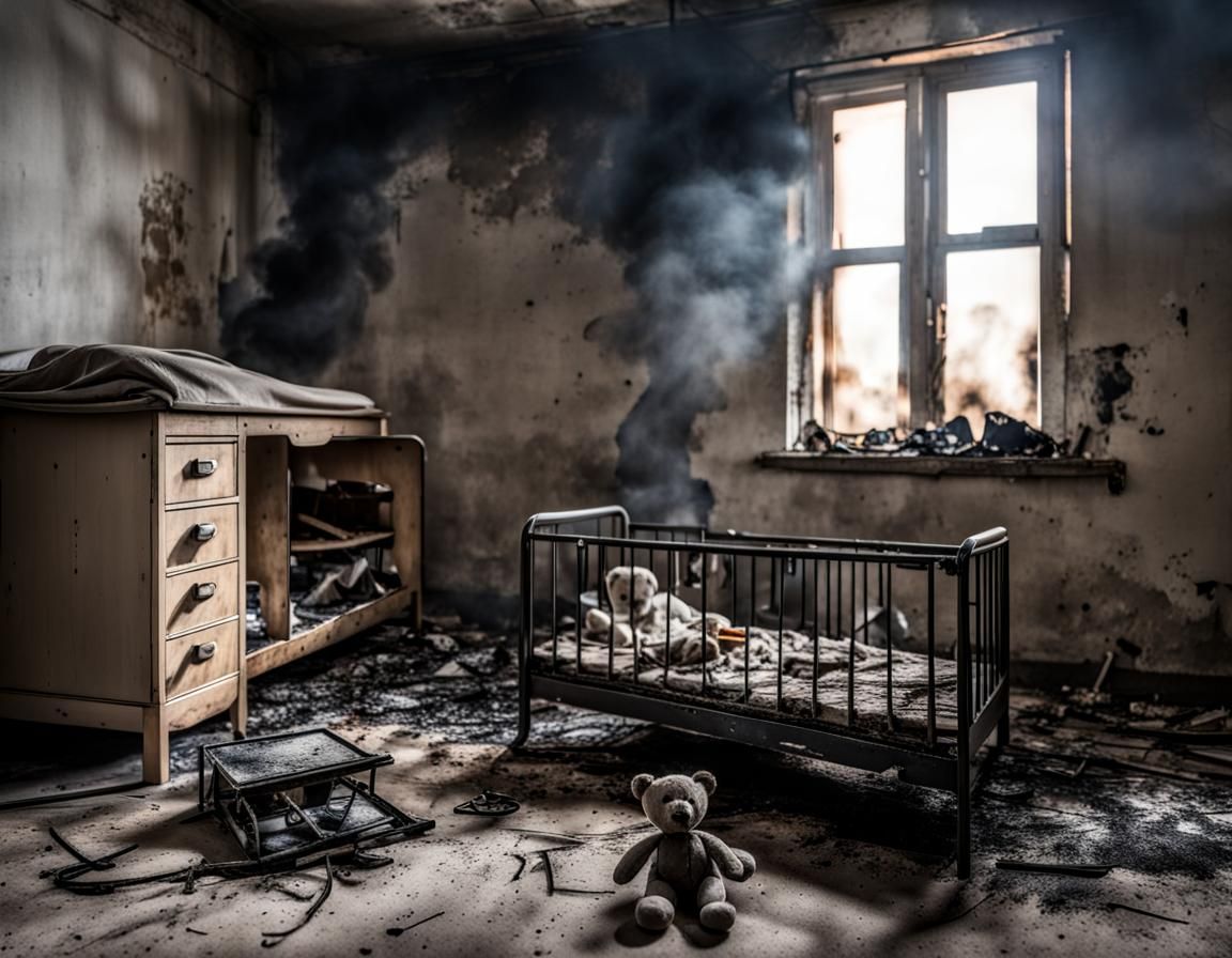 baby bed, sooty after it went up in flames, next to the