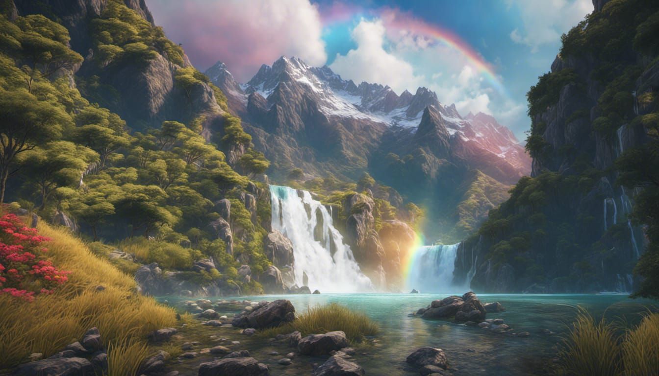New Zealand Mountain Landscape with Rainbow, Hyperdetailed A...