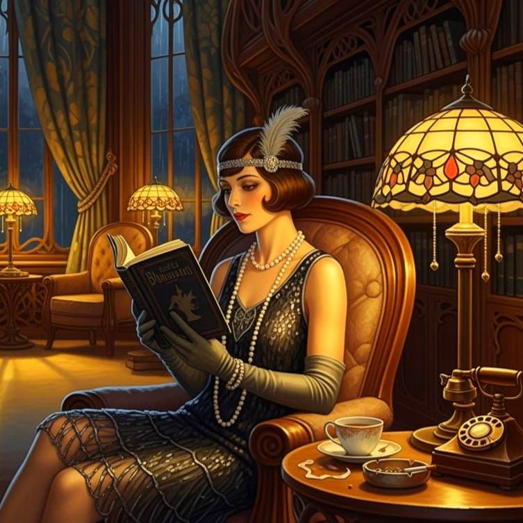 Elegant Woman Reading in Art Nouveau Library