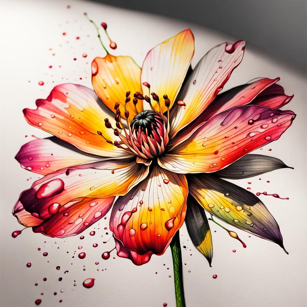Detailed Hyperrealistic Ink Drawing of Cherry Flower