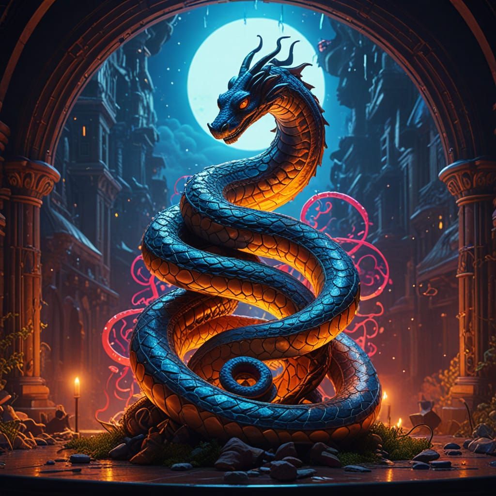 Dark Fantasy Serpent in Vibrant Art Nouveau Style