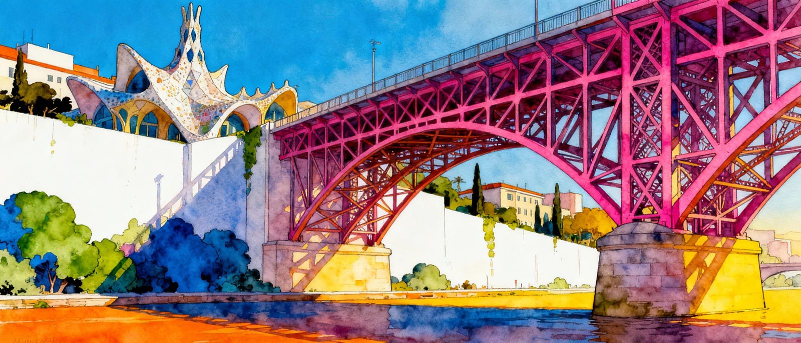 Whimsical Bridge Design in Mixed Artistic Styles