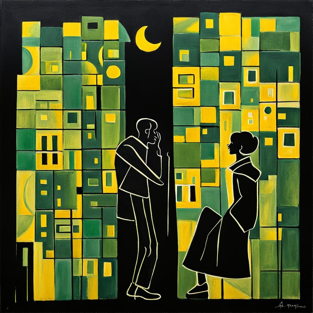 City Block Silhouettes Under Whimsical Moon, Chalk Art