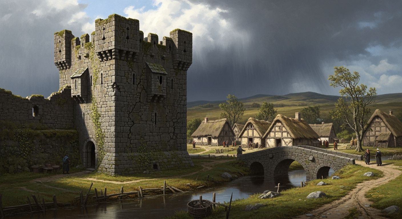 Medieval Keep and Village in Dramatic Weather