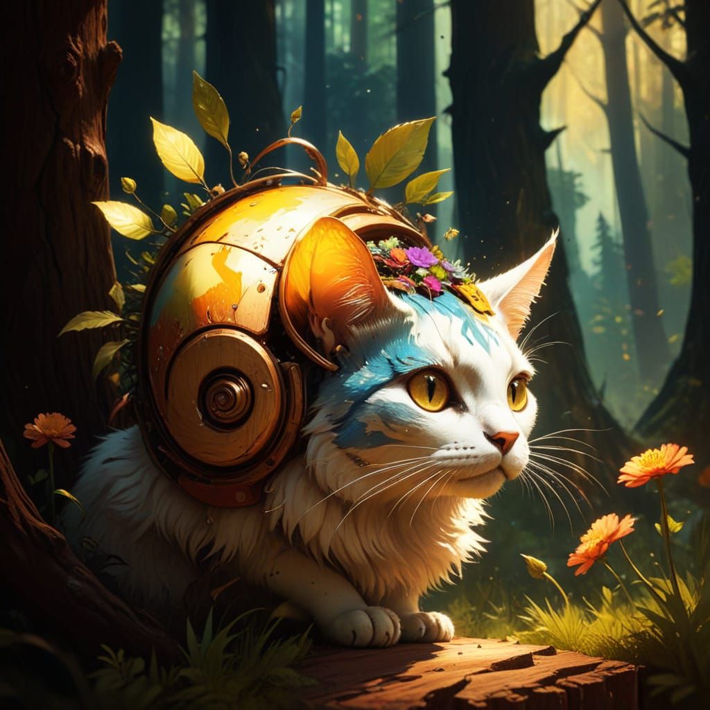 Whimsical Woodland Cat in Vibrant Pop Art Style