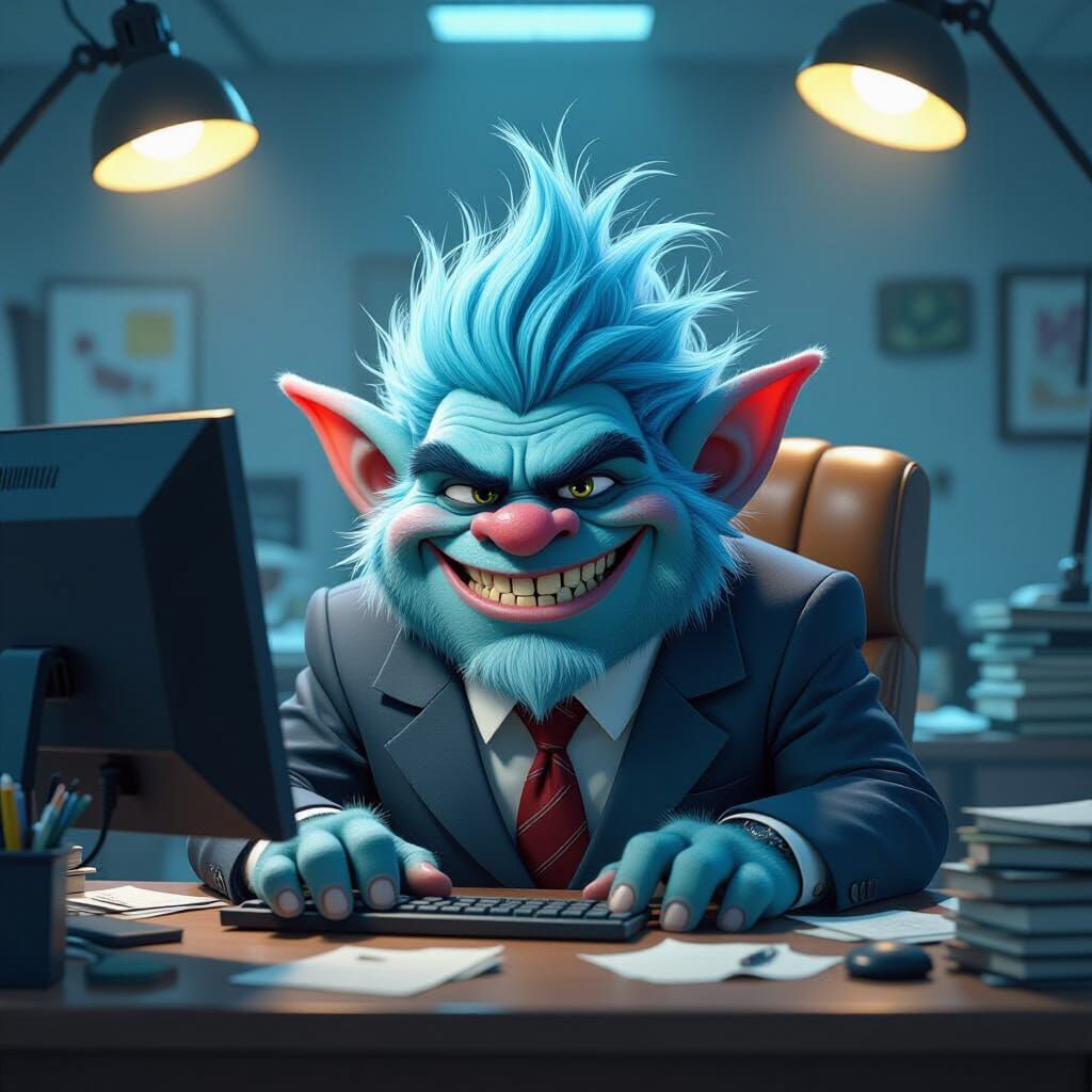 Pixar-Style Troll in Dimly Lit Office