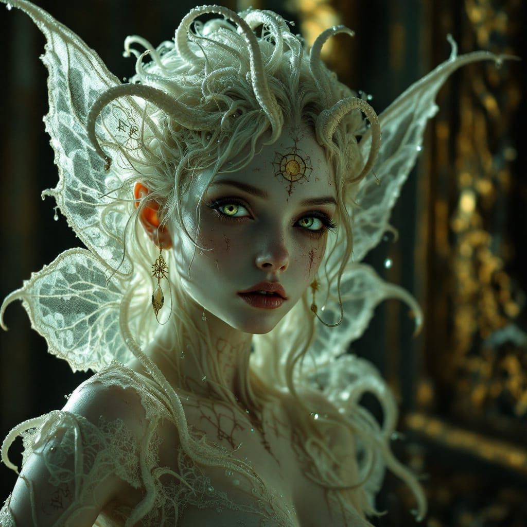 Rococo Lovecraftian Fairy in Dimly Lit Chamber