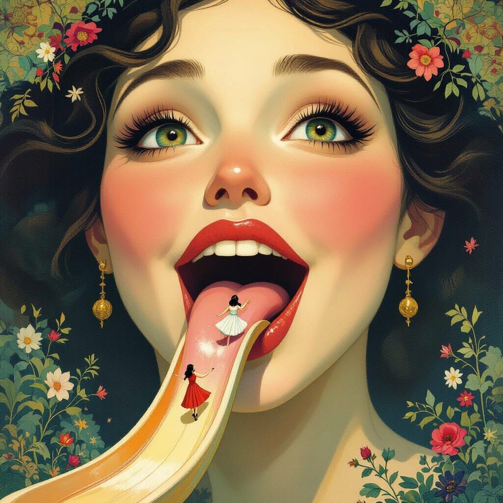 Giant Woman Gently Guides Tiny Woman on Tongue Slide