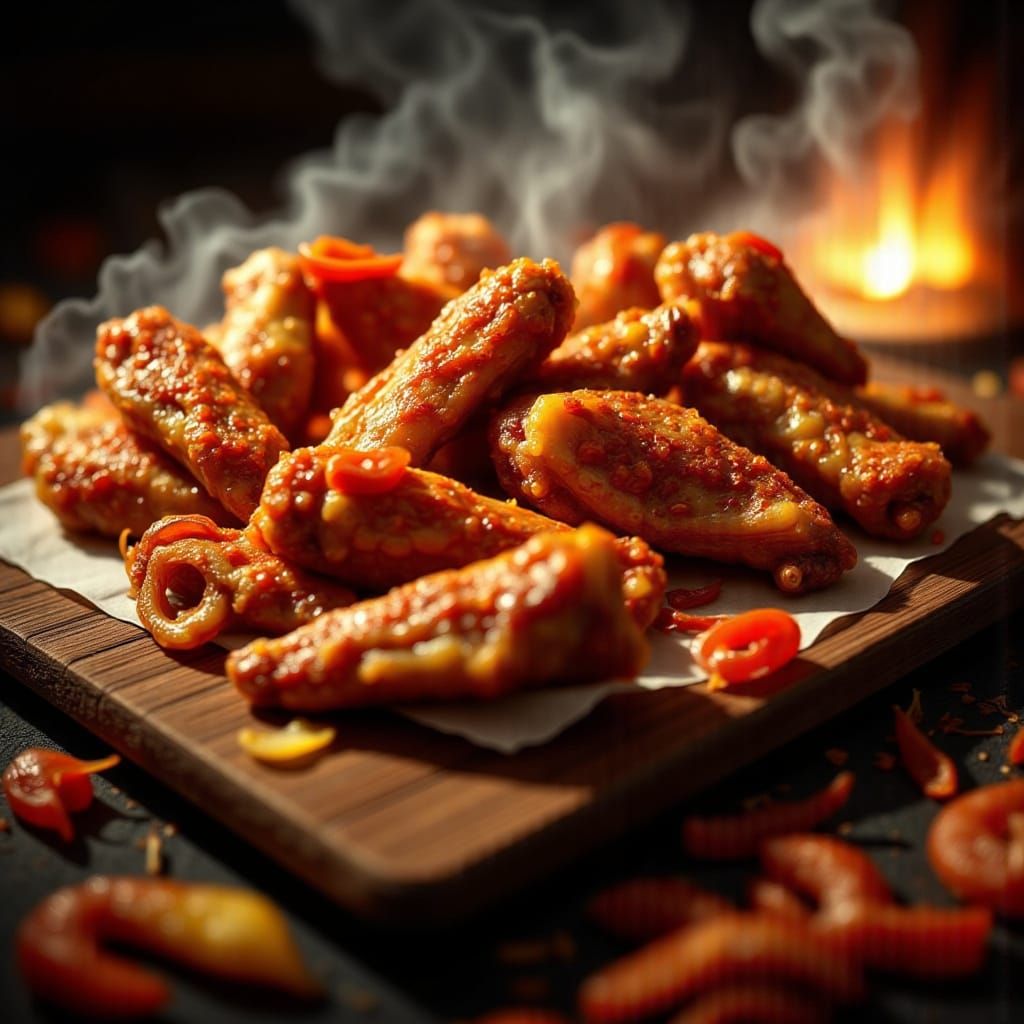 Hyper-Realistic Chicken Wings in a Lava-Lit, Cinematic Scene