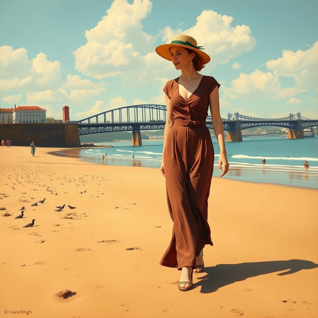 Vintage Woman on Scarborough Beach: Nostalgic Art