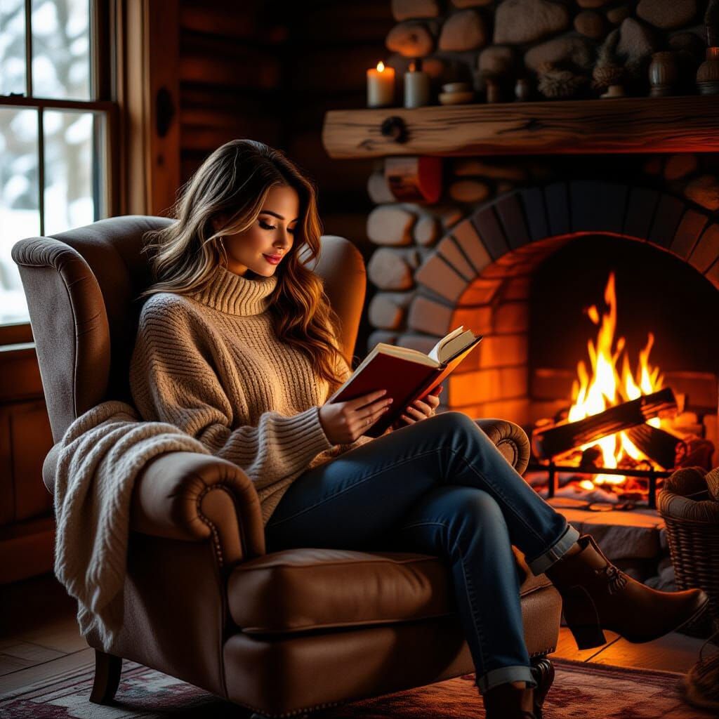 Cozy Woman Reading by Fireplace in Rustic Home
