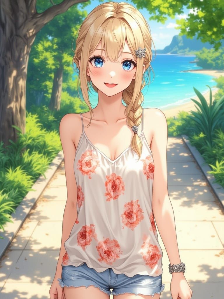 Anime Woman with Blonde Hair on the Beach