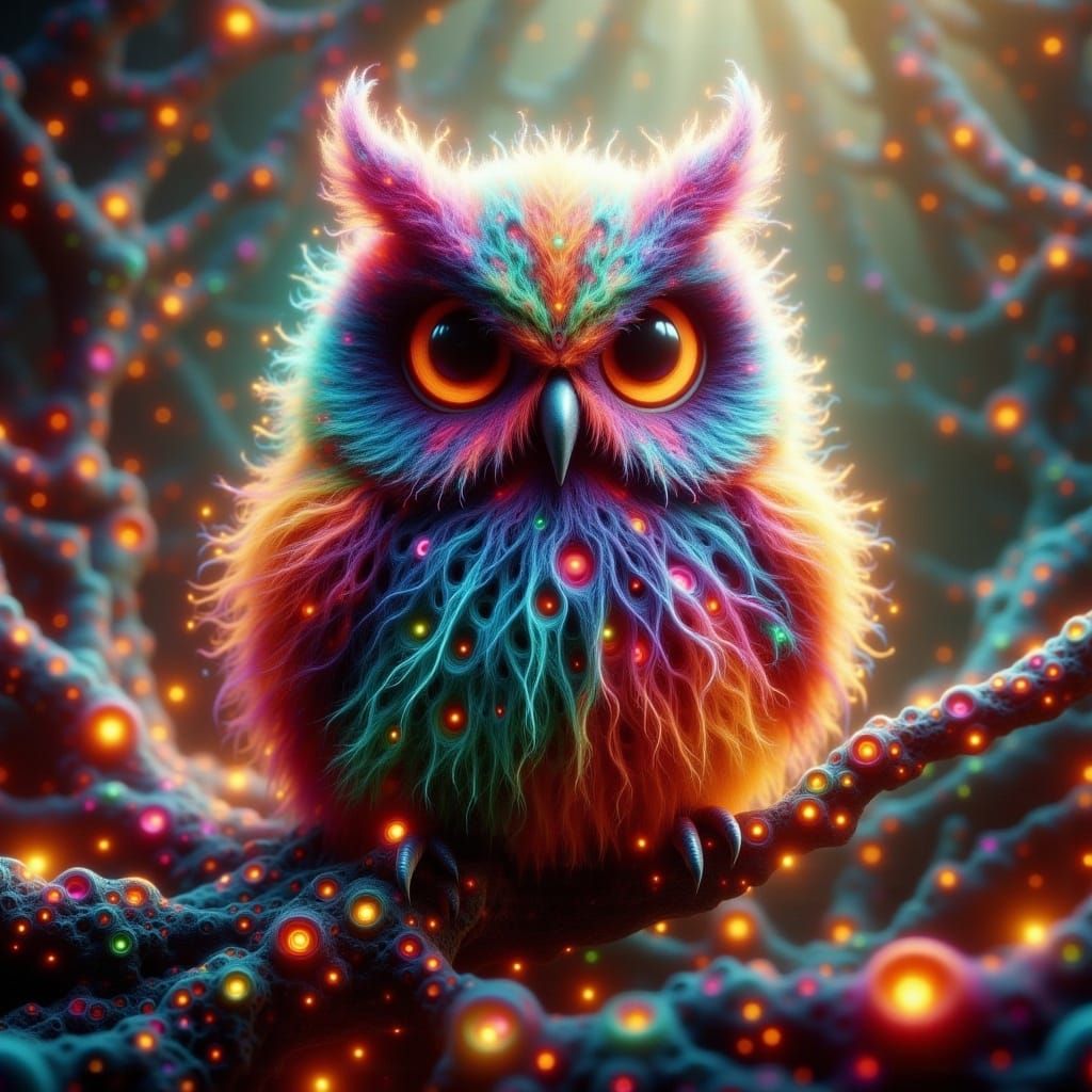 Cute Colorful Fluffy Owl on Branch