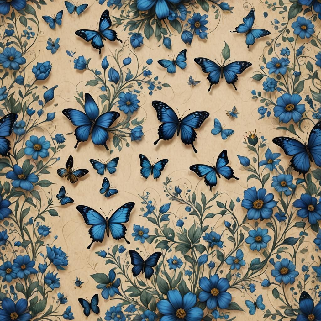 Blue Flowers and Butterflies on Journaling Paper