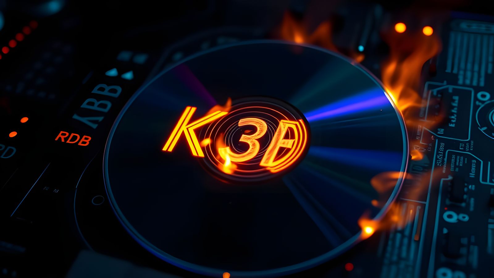 Cyberpunk Digital CD Burner in Mid-Burn with K3B and KDE Log...