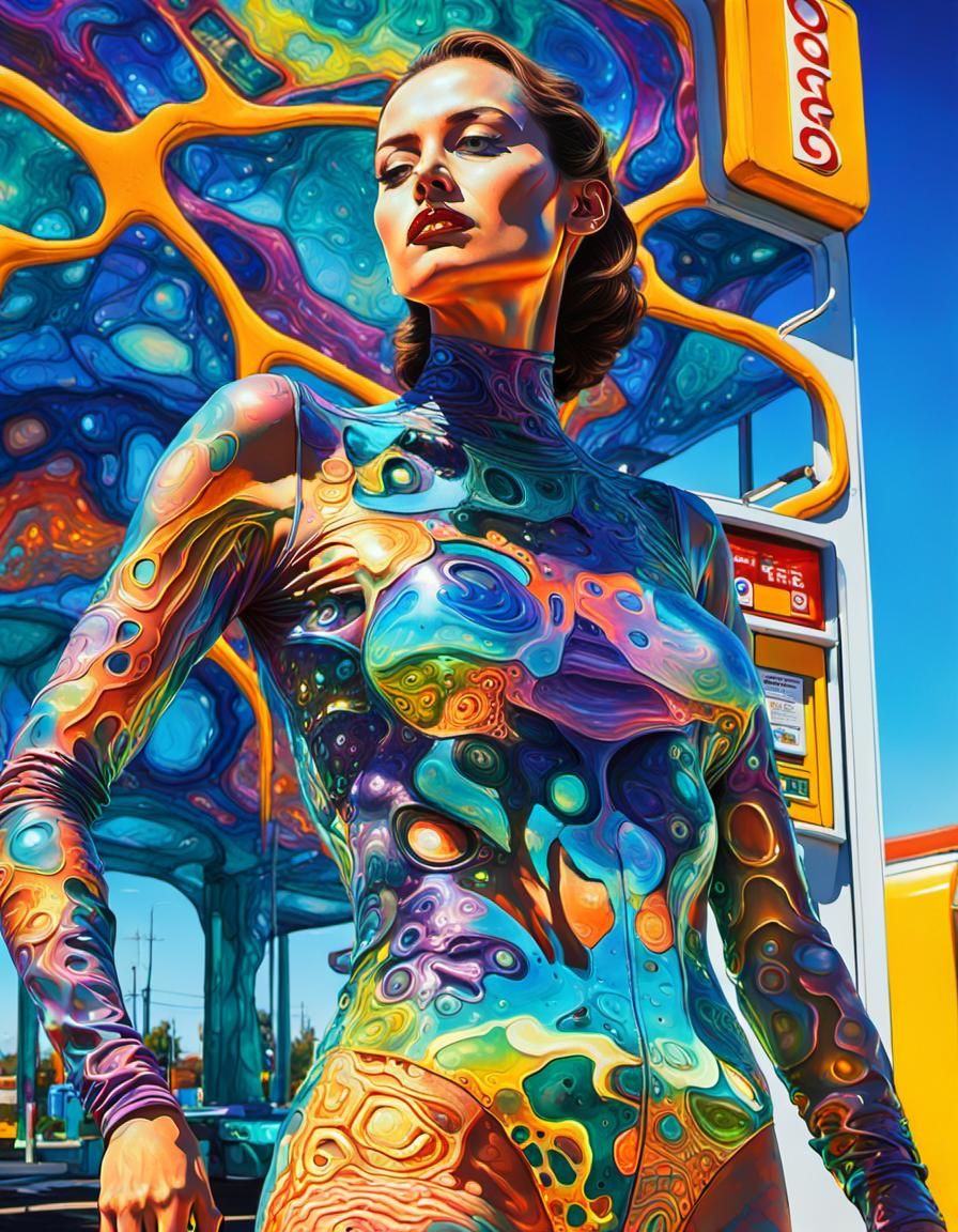 Surreal Pop Art Woman at Gas Station