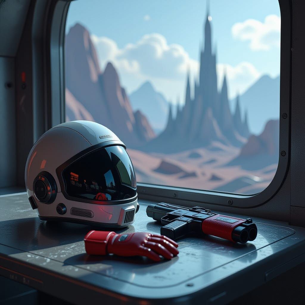 Space Gear on Table: Matte Painting Sci-Fi Scene