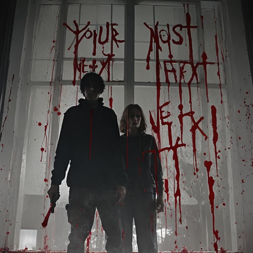 Ominous Figure Behind Bloody Window in Film Noir Style