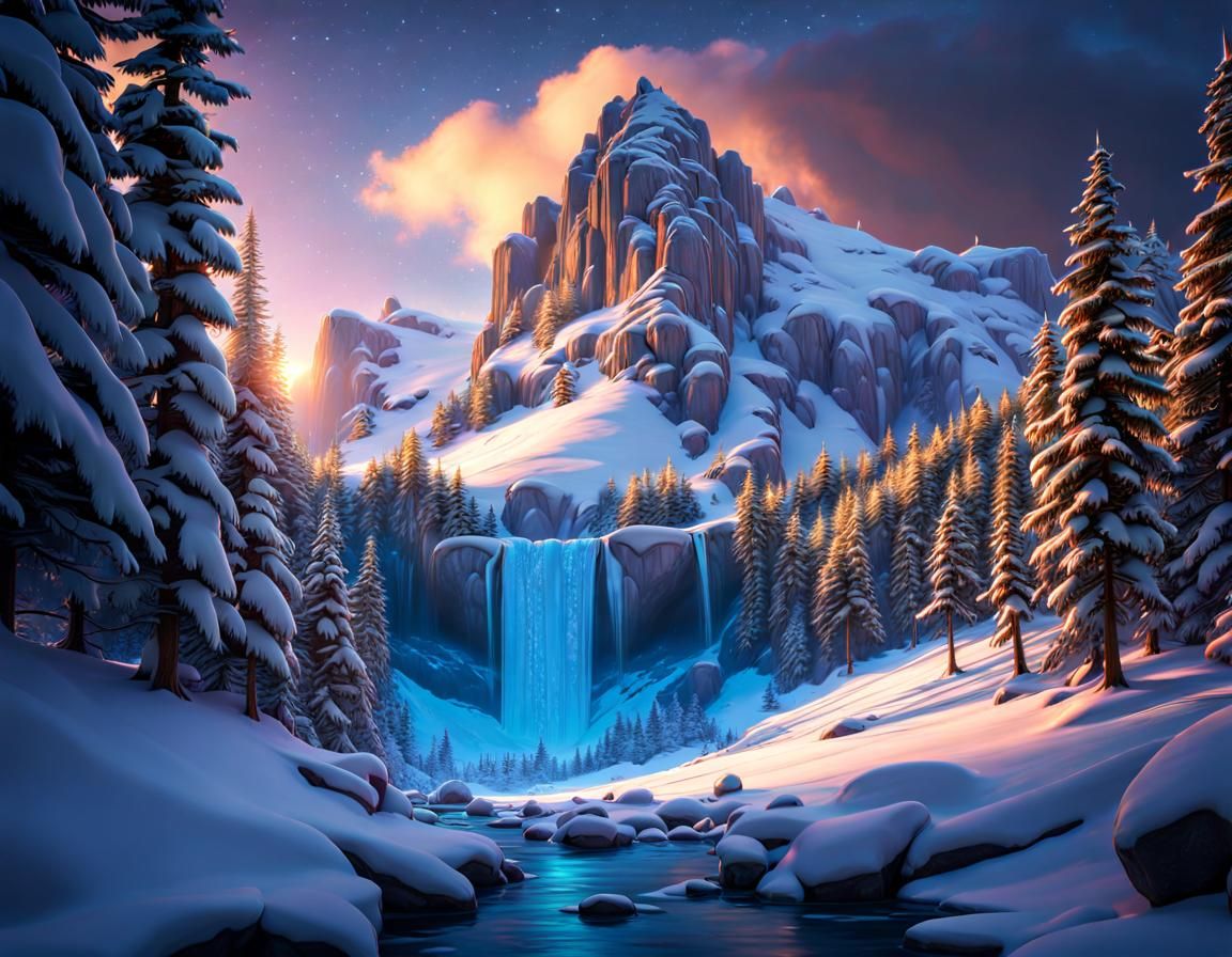 Frozen Waterfall Under Aurora, Fantasy Concept Art