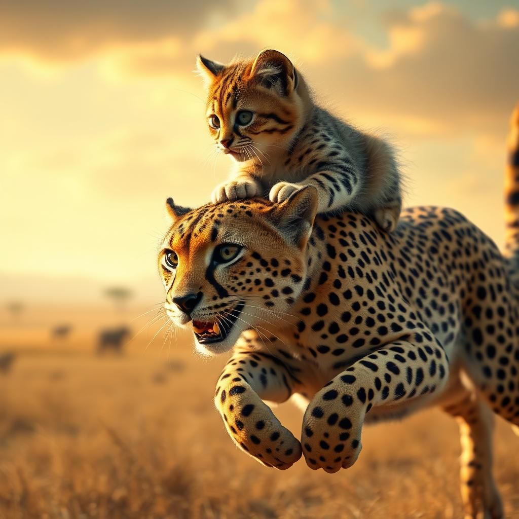 Kitten Rides Cheetah Across Safari Landscape