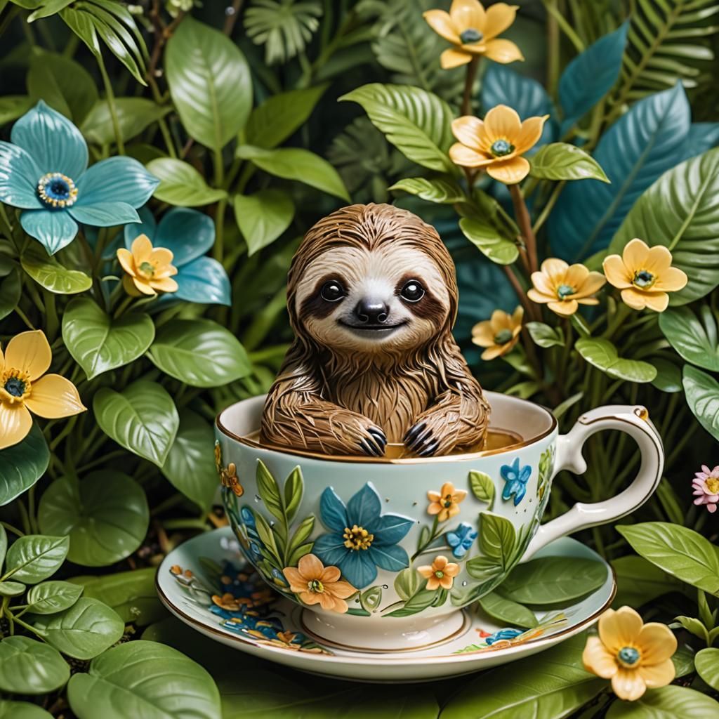 Tiny Sloth Bathes in Jungle Teacup: 8k Illustration