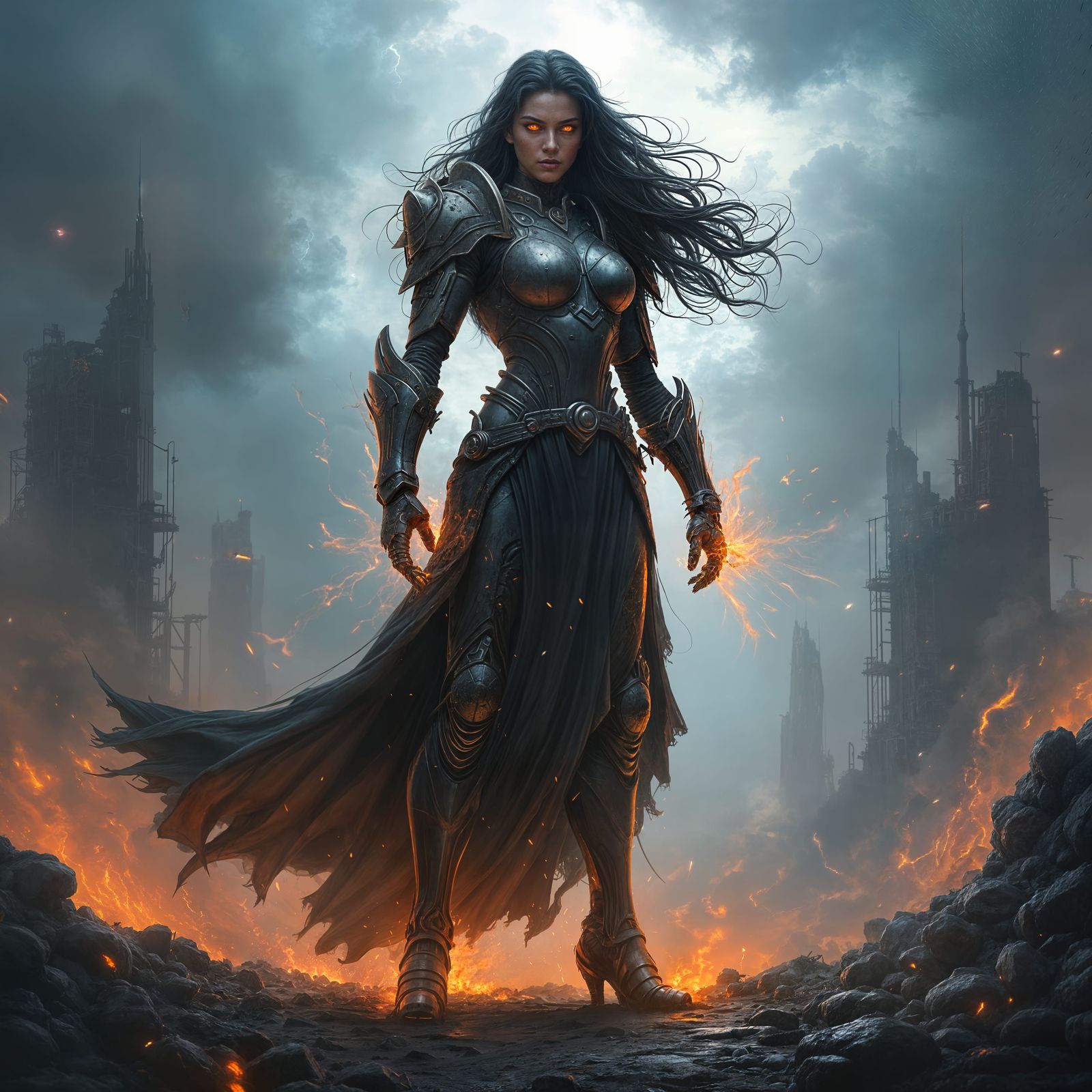 Defiant Woman in Stormy Wasteland, Hyperrealistic Style