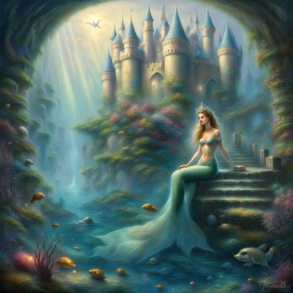 Ethereal Mermaid Queen in Underwater Castle