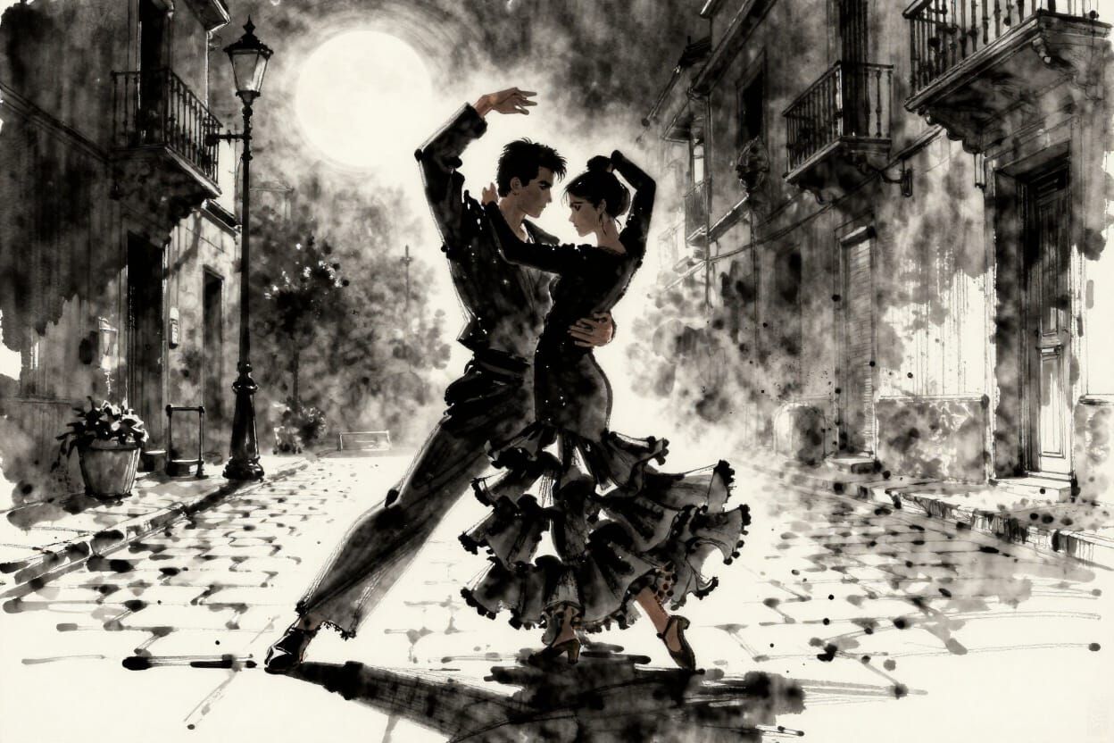 Flamenco Dancers in Dynamic Moonlight Pose