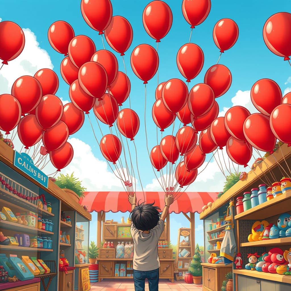 Releasing Balloons in a Toy Shop: Whimsical Art Style