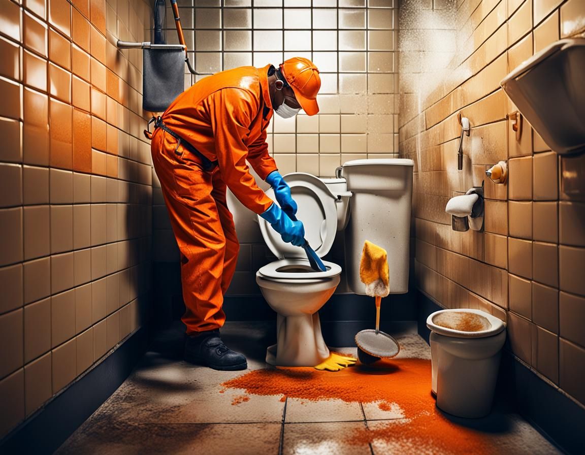 Vivid Digital Art of a Sanitation Worker in a Filthy Toilet....