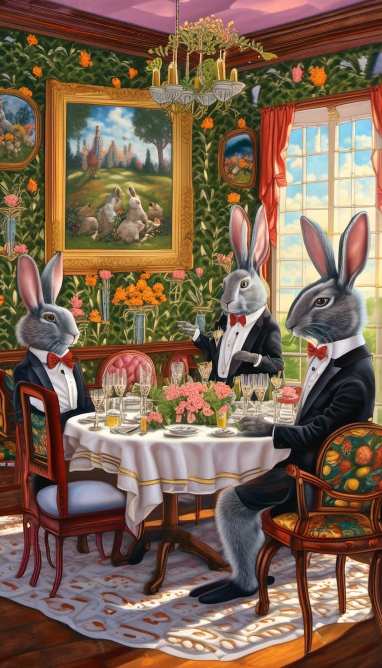 Rabbits in Tuxedos Dine in Sunny Dining Room