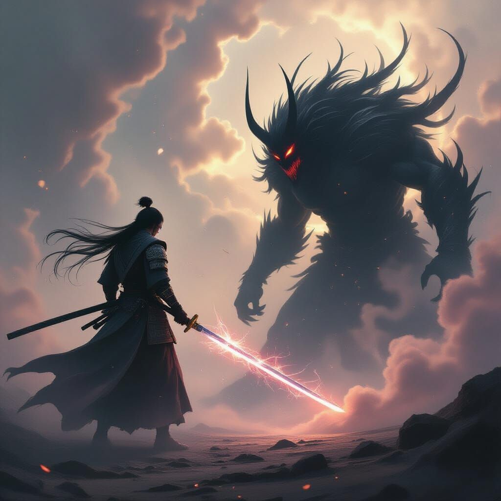 Cosmic Samurai Battles Monster in Dark Fantasy Anime Style