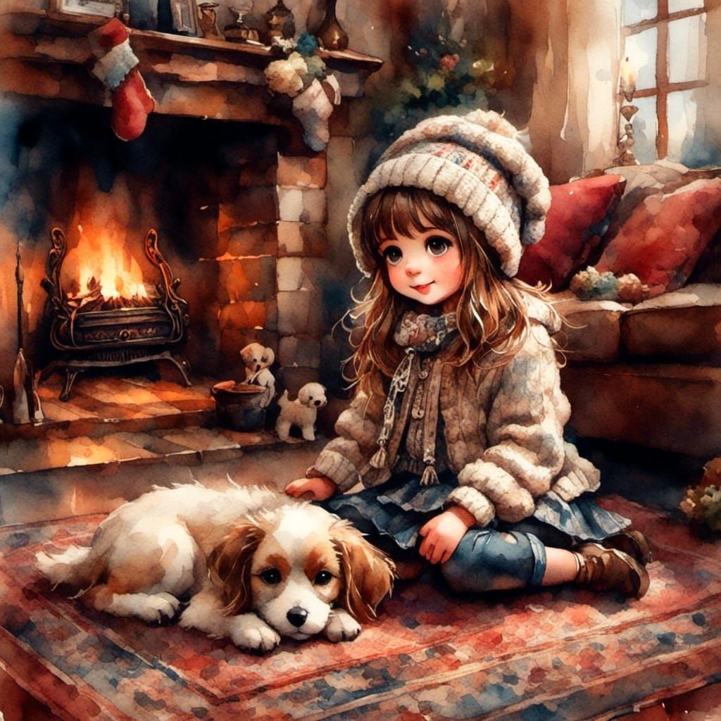 Cozy Cottage Scene with Girl and Puppy