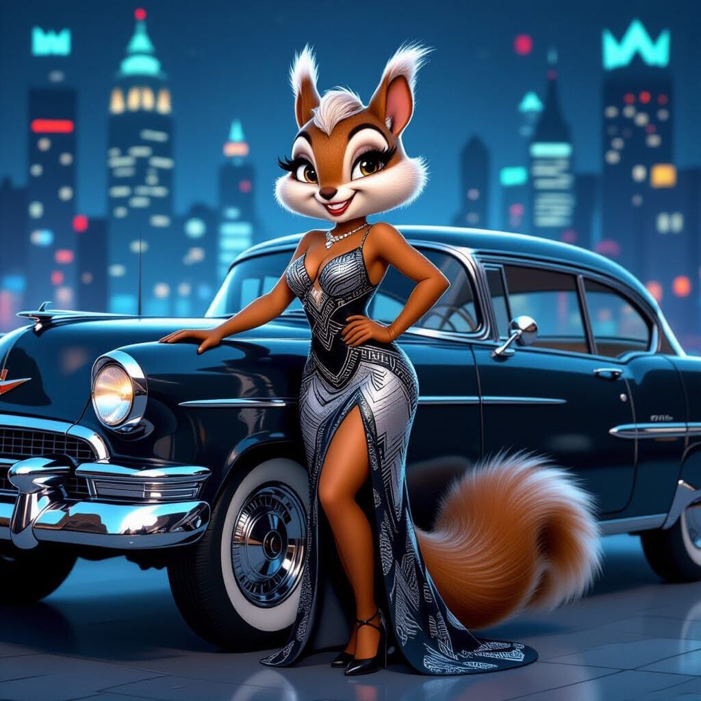 Art Deco Squirrel Girl in Cityscape