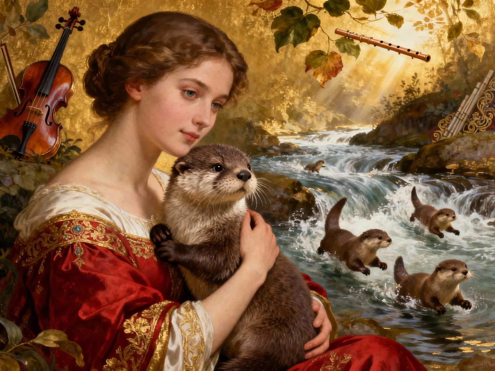 Woman Hugs Otter in River Scene, 8K Imperial Colors