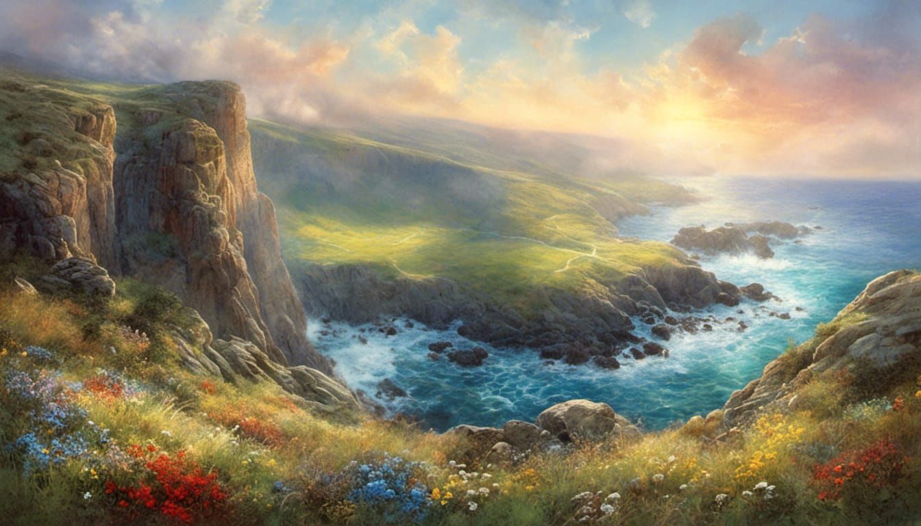 Wildflower Meadow and Coastline in Watercolor Style