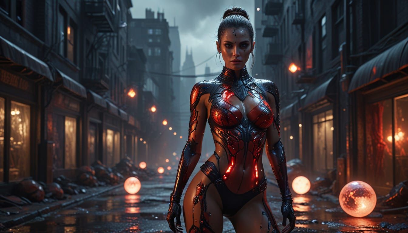 Dominican Supermodel in Dark Urban Setting with Magic Orbs