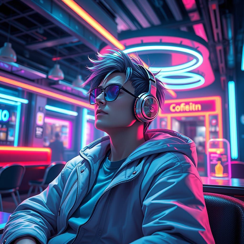Relaxing in a Neon-Lit Futuristic Cafe