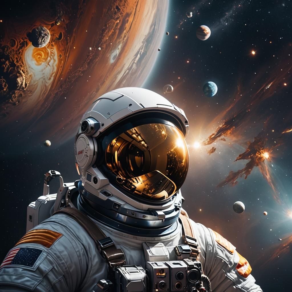 Astronaut Helmet Reflecting Jupiter in Space