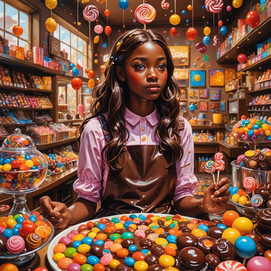 Chocolate Girl Surrounded by Sweets as Oil Painting