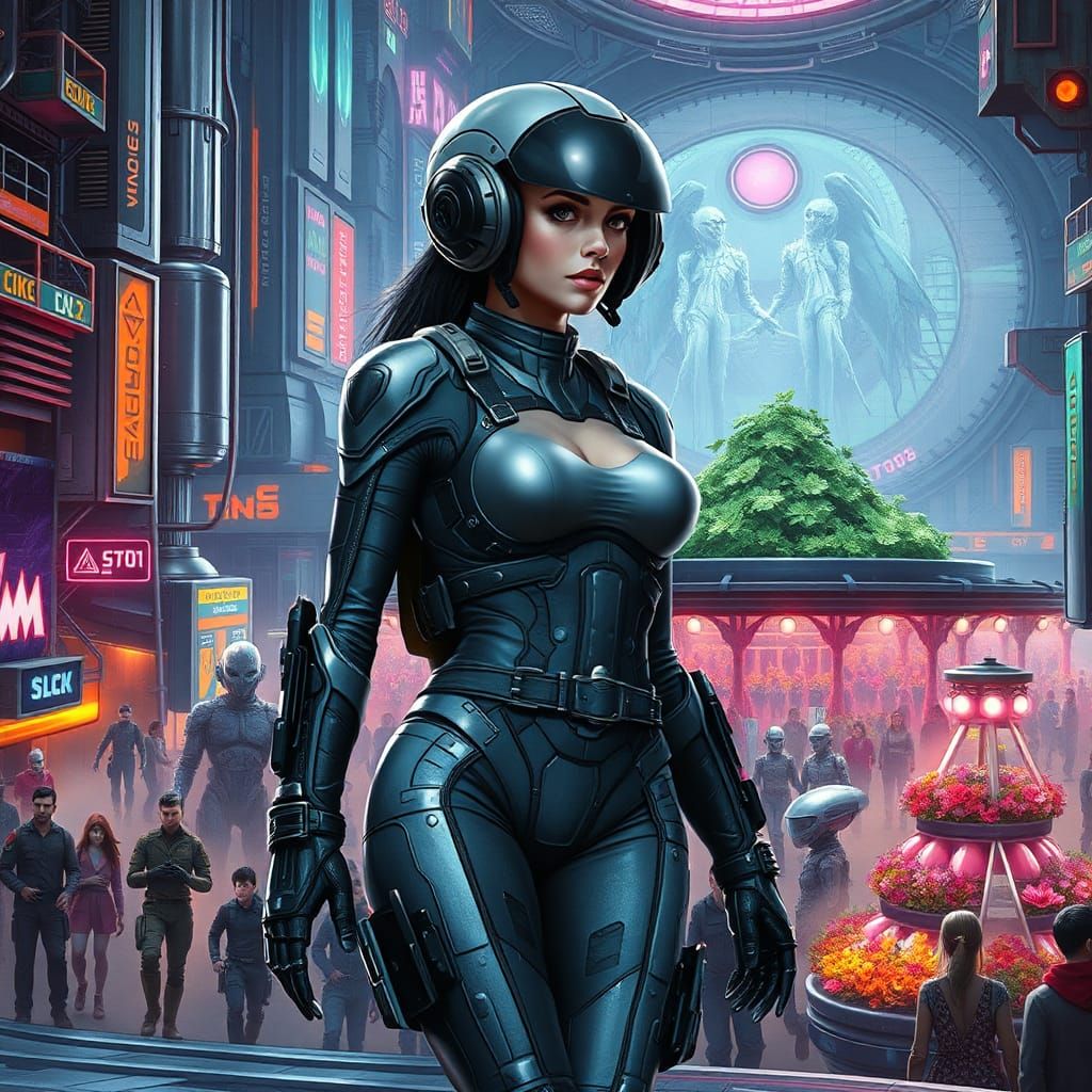 Futuristic Woman in Neon Spaceport with Flowers