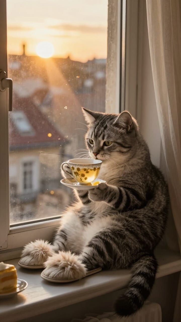 Dreamy Cat Enjoys Golden Hour Tea in Fluffy Slippers